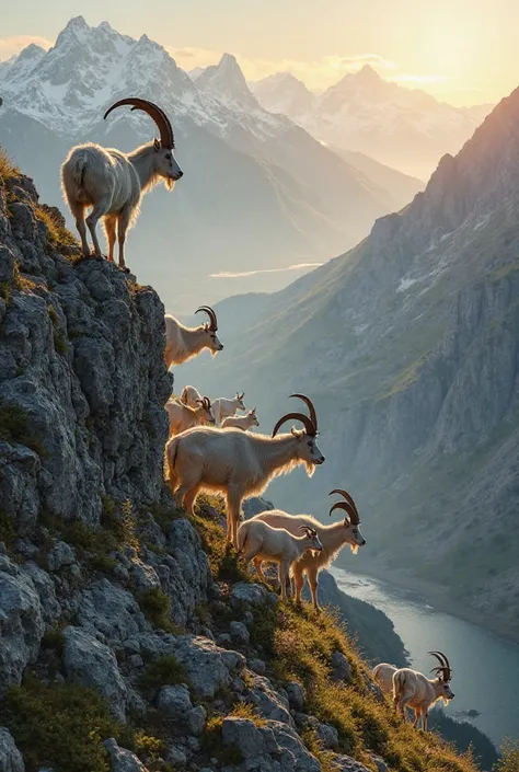 A stunning, ultra-realistic scene of a herd of majestic mountain goats navigating a steep, rocky mountainside at dawn. The leader, a powerful billy goat with massive, curved horns, stands proudly on a high ledge, surveying the landscape with sharp, intelli...