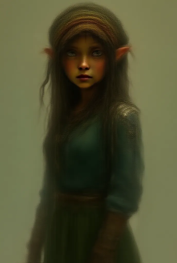 image of an elf with light eyes and Rastafarian hair. She wears a cox with a short headscarf and a short fringe. She wears a blue blouse with a short green bolero over the top with a metallic shoulder strap only on the right shoulder that covers the entire...