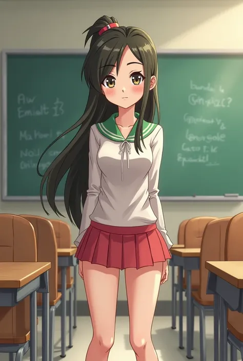 Highly detailed, Gwen from Ben ten, slender legs, thin waist, anime, mini skirt, anime style, in classroom, normal sized body, 