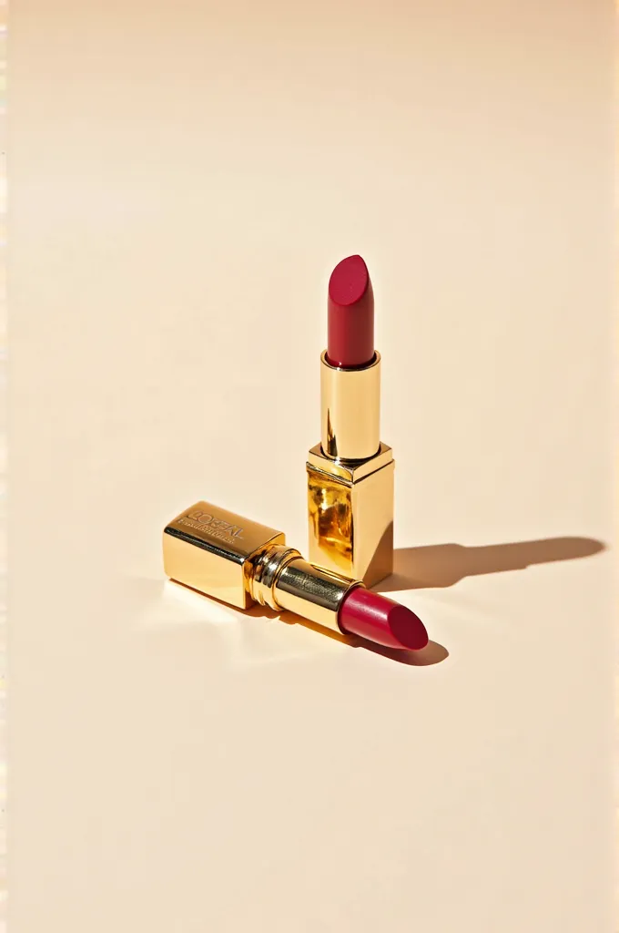 The photo shows a **L'Oréal lipstick** in its classic gold packaging, placed against a plain light-colored surface (e.g. white or light beige). The lipstick lies horizontally, and next to it is an **open tube**, demonstrating a rich shade (e.g. bright red,...