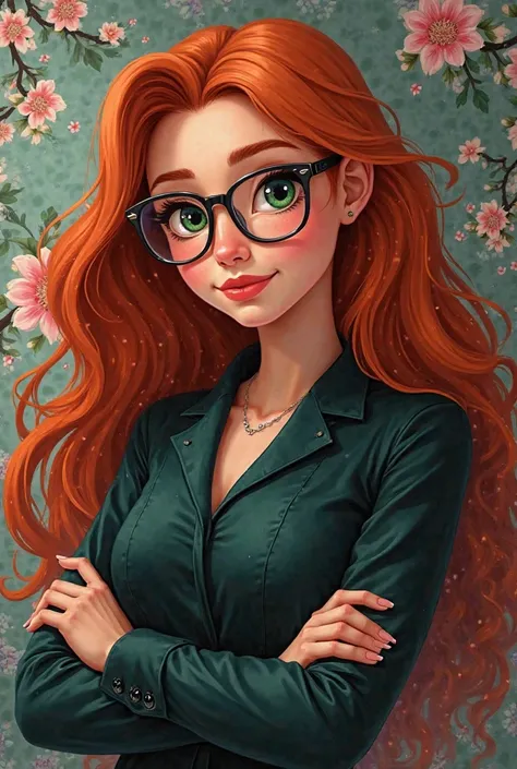 Make me a Merida character with straight hair,green and brown eyes ,good pose ,office glasses and cherries wallpaper