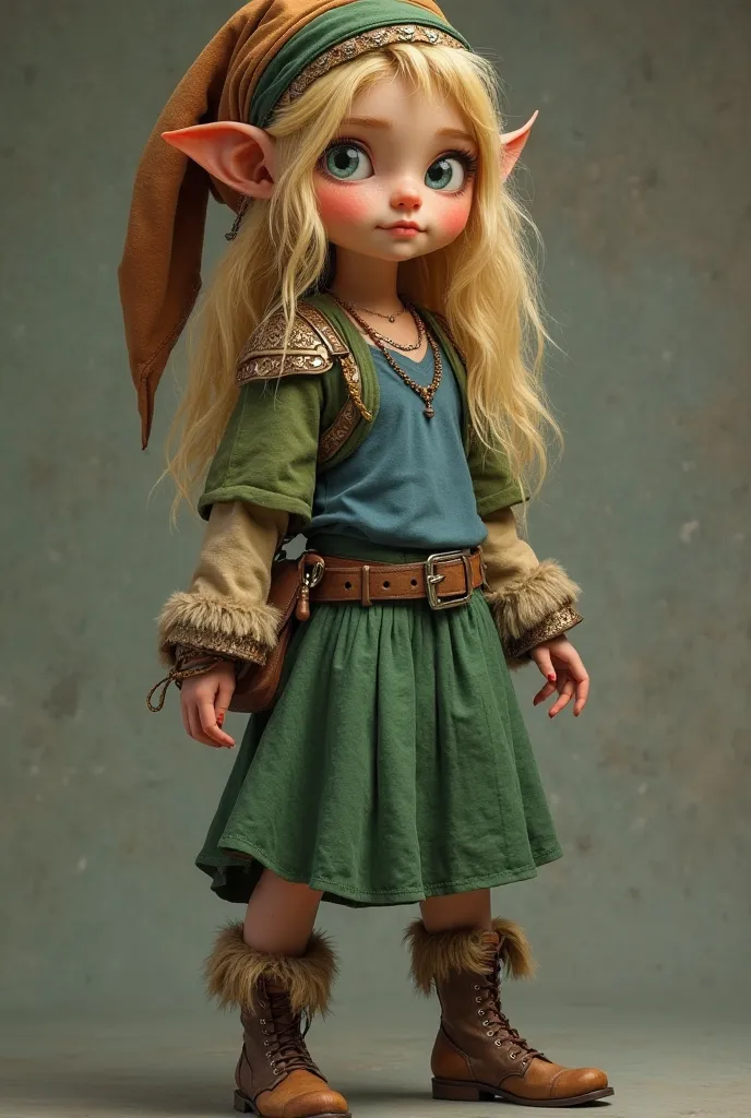 Image of an elf with light eyes and blond hair Rastafari. She wears a cox with a short headscarf and a short fringe. She wears a blue blouse with a short green bolero over the top with a metallic shoulder strap only on the right shoulder that covers the en...