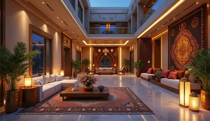 The interior of the house is large and decorated with Ramadan decorations and furniture without people, modern and luxurious in the evening. Modern design at night 