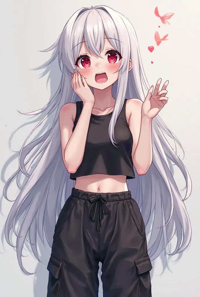 an anime girl with white hair with pale skin and red eyes wearing black baggy pants and a small black sleeveless sports top with her hands up and sweating with her tongue out shedding drool, And with her eyes looking up full body 