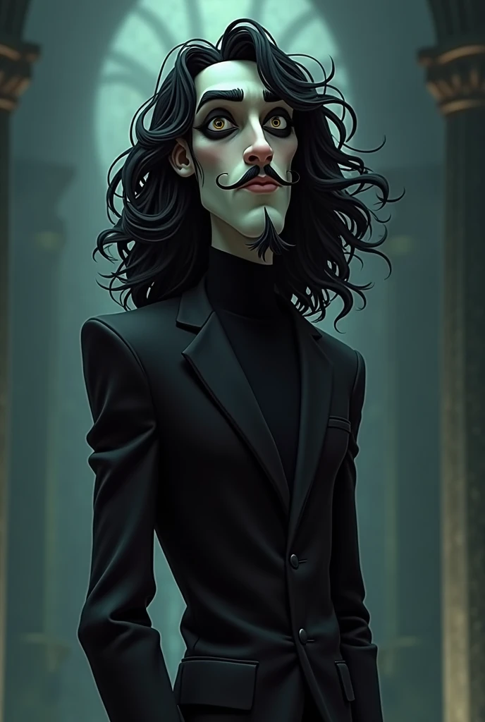 Cartoon-style gothic male character with long curly hair, a goatee, and a mustache, wearing only black clothes, with dark gothic makeup, highly detailed, soft shading, dramatic lighting, expressive eyes, stylish and elegant, full-body character, standing i...