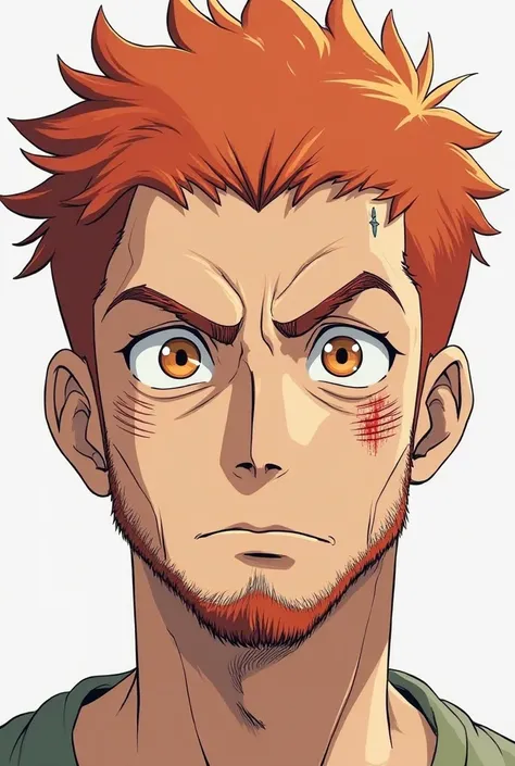 I draw a man like the anime drawing. He has orange eyes, red-orange hair, his hair is parted in half and short, his facial bones are prominent. He has gray and tired lines on his cheeks. He also has lines below his eyes and sides. He has scars on his face....