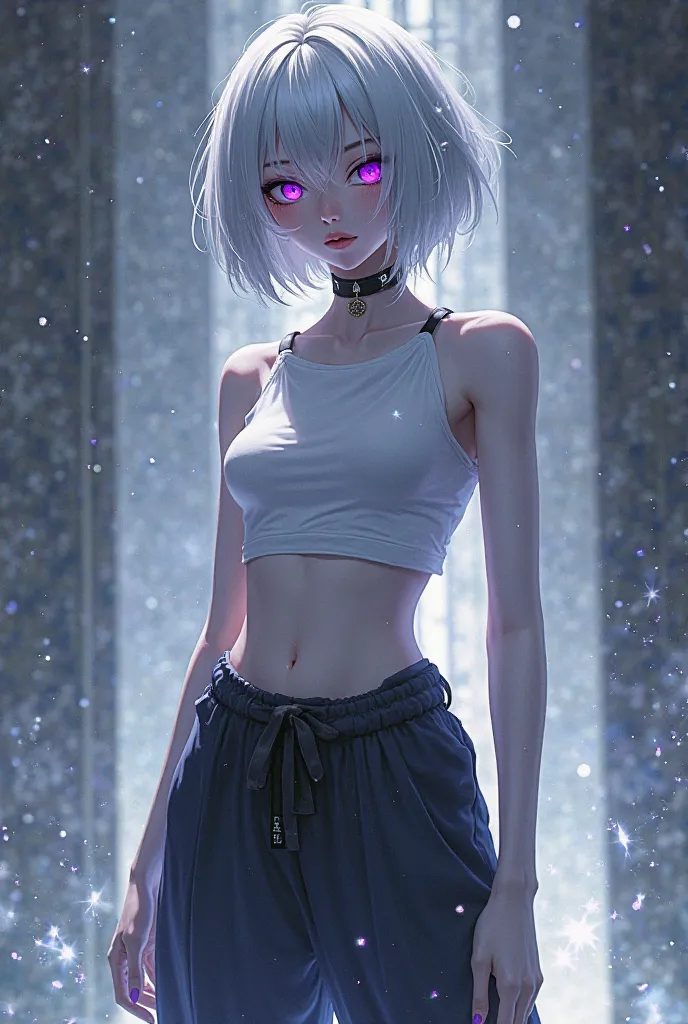 A 1,80m tall woman with short silver hair, bone white skin, black scelera and purple irises. Small breasts thick thights and butt. Wearing baggy pants and a Sleeveless shirt. Anime style