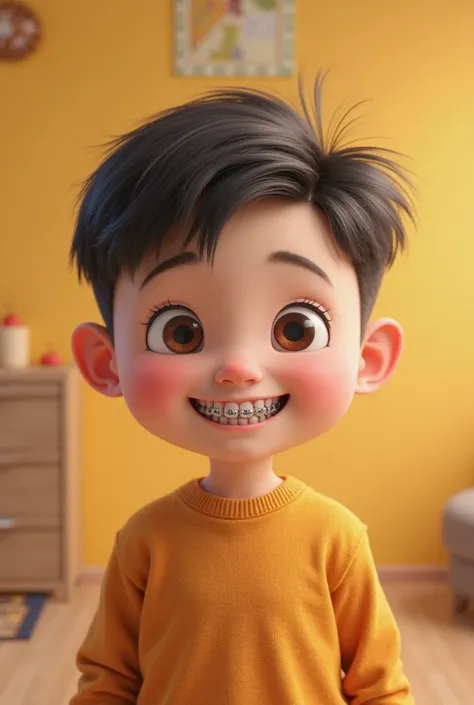 Character boy with short hair braces on his chubby teeth half white and half brown 