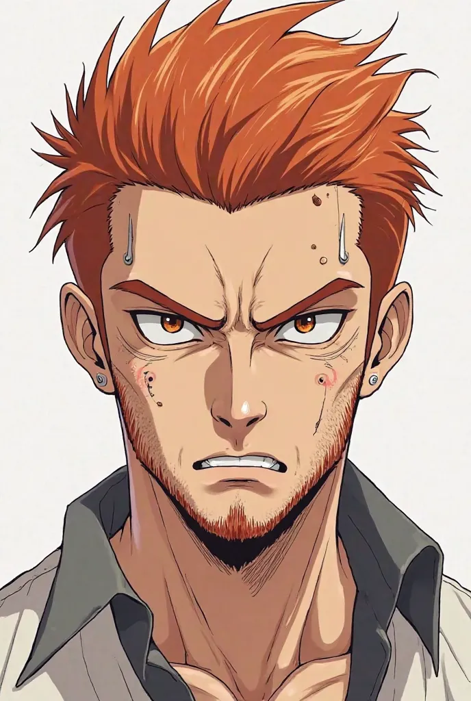 I draw a man like the anime drawing. He has brown eyes, orange red hair, his hair is parted in half and short, his facial bones are prominent. He has gray and tired lines on his cheeks. He also has lines below his eyes and sides. He has scars on his face a...