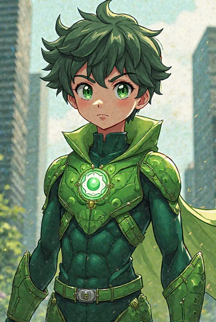 Eco-friendly superhero anime character in green suit and chest with mv