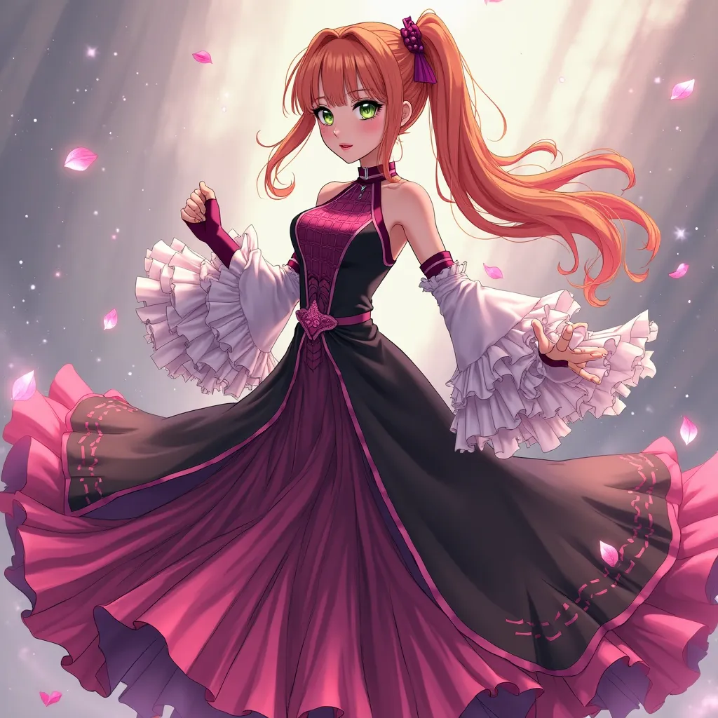 Fly pose and powerful Anime girl style source_pony,hyperrealistic orange hair and green eyes tied side ponytail wear slim dress elegant, fantasy-inspired dress with a dramatic color gradient and intricate detailing. The main dress transitions from deep pur...