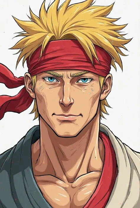 I draw a man like the manga, his face is slightly wide, his hair is blonde, he wears a red band on his forehead and his hair is a little short. Make his face rough and old, but a young man and his drawing are like the old manga. His features are reassuring...