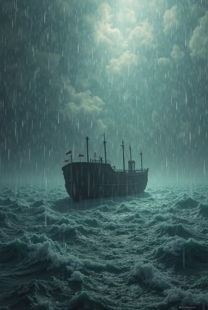 The ark floating amidst a vast flood, surrounded by a churning ocean. Torrential rain pours from the sky, and the waters have swallowed the land. The ark remains a small beacon of hope amidst the chaos, as the flood covers everything else.”