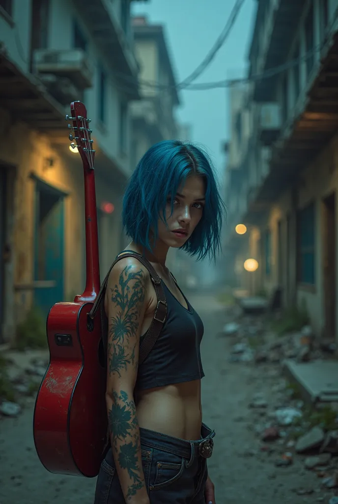 cinematic lighting, abandoned city at night background, woman with blue hair, Brazillian, red guitar on her back, tired eyes, tattoo arm, hair reaching her shoulder max