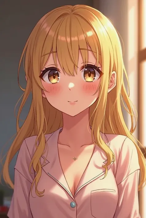 Flirty blonde anime girl in pajamas close up