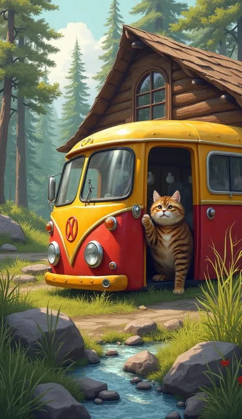 Imagine a fat brown cat leaving his cabin and next to it is his van, which is a red and yellow car like that of ren