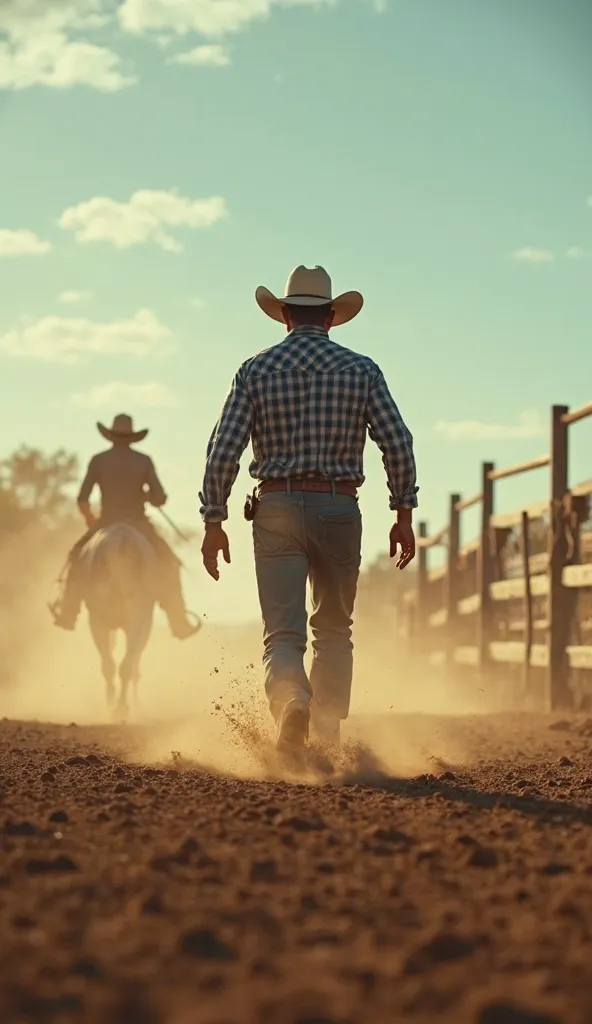 Tracking shot of a strong Brazilian cowboy, blue and white checkered shirt, running in a dusty corral at dawn, cold bluish light, harsh shadows, frantic handheld camera, thick dust, medium depth of field, tilted framing, visceral Sam Peckinpah style, cowgi...