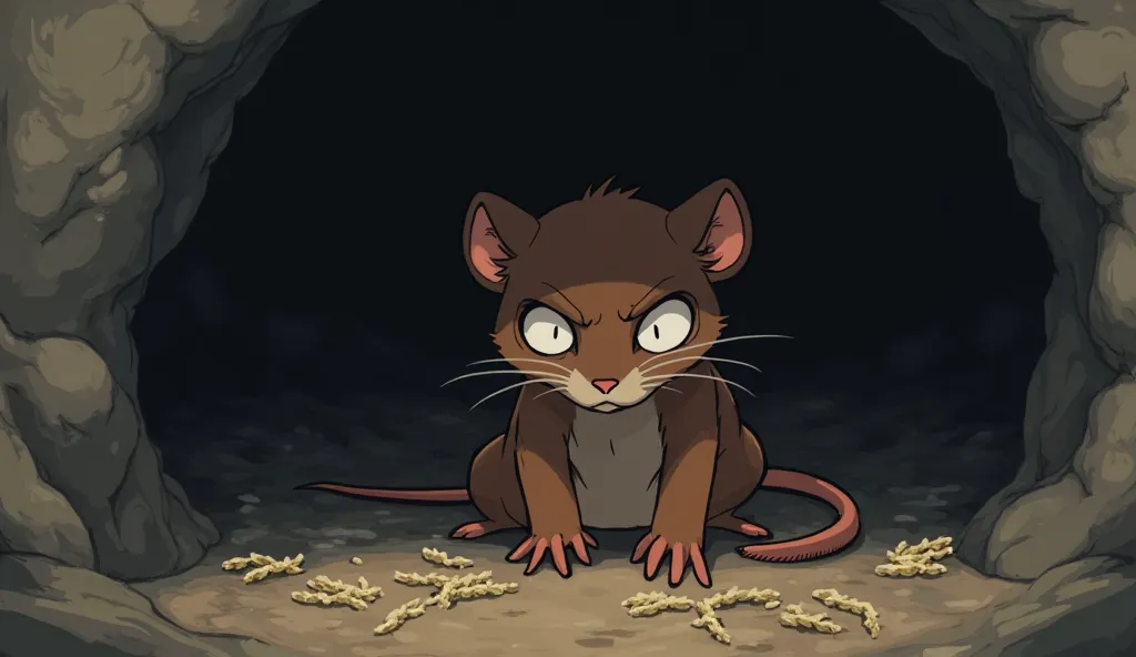 (Highest quality, masterpiece, High resolution)、4K Anime Art、Soft Light, A lonely, dejected sneaky Brown colour rat sitting in an empty burrow, looking around in despair. Once surrounded by admirers, now there is no one left. The burrow is dark and bare, w...