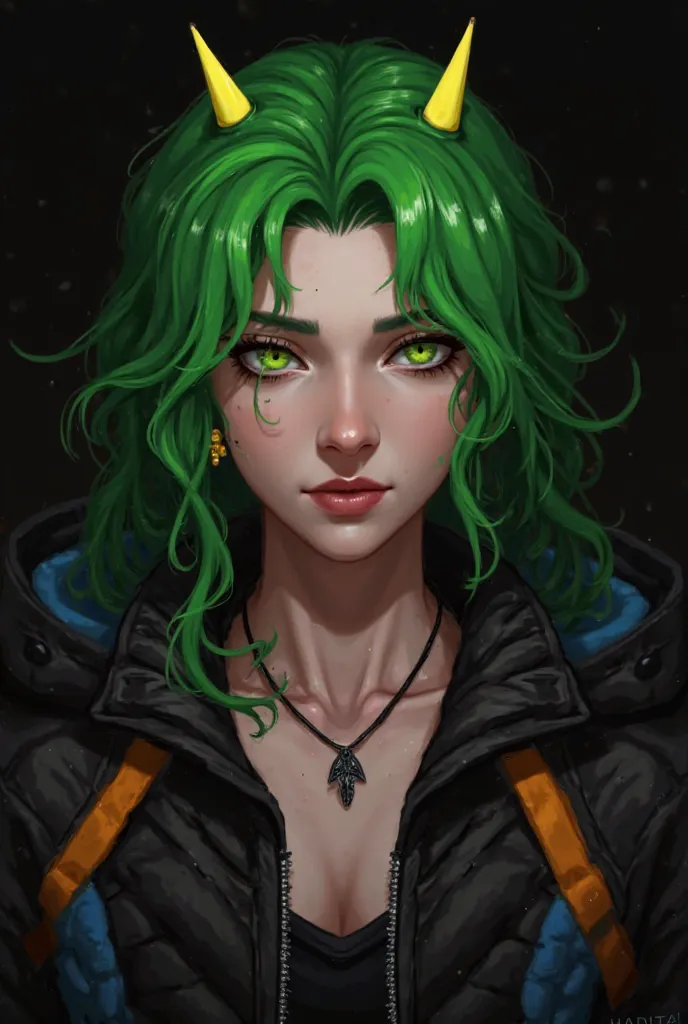 Digital portrait of a young woman with green hair and yellow spikes on her head. she has a serious expression on her face and is wearing a black jacket with orange and blue accents. her hair is styled in loose waves and cascades over her shoulders. she is ...