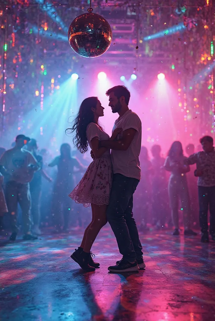 "A vibrant 90's, dance floor with colorful neon lights flashing as a couple dances intensely under a mirrored globe."  Cinematographic  
 