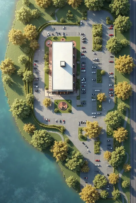 Site plan landscape has a building and parking, and there is a lake on one side and a street on the other 