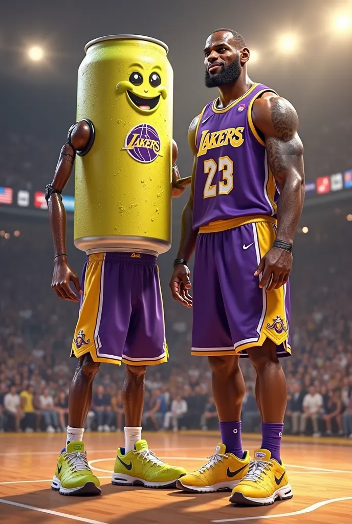 an animated character who is a can of lemon soda the same size as Lebron James, parada junto a lebron james, both wearing Lakers uniforms 