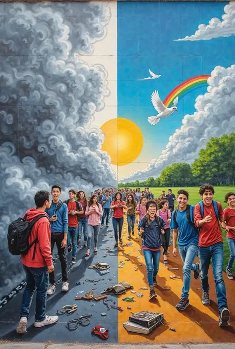 A dynamic and modern mural that covers the entire high school wall, divided into two contrasting sections. In the ** Left Party **, a gray and opaque world, where young people are trapped in a cloud of vaping smoke, with expressions of tiredness and discou...