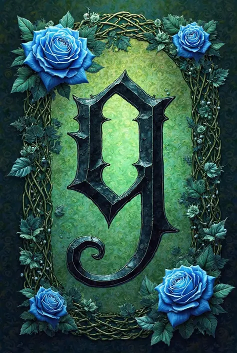 Handwritten letter G, with green witch's knot background,  medieval style, blue roses 