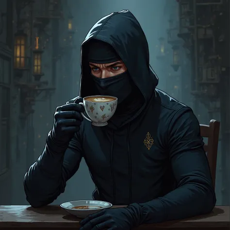 Cartoon illustration of Ninja dressed in black and with a covered face drinking coffee with a dark background