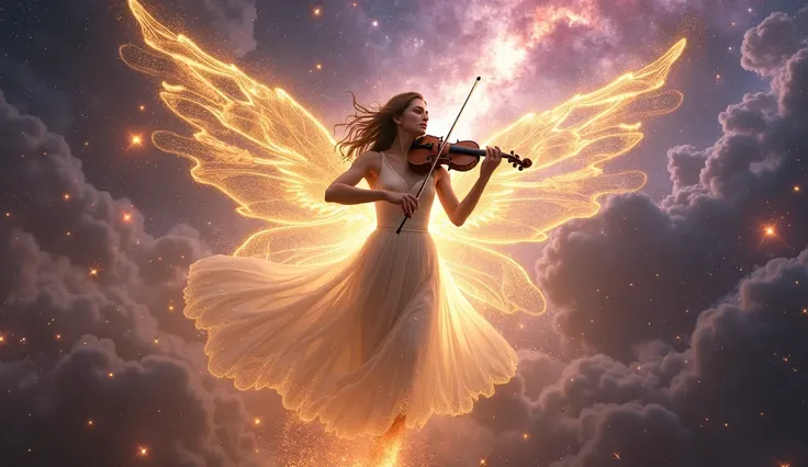 A heavenly being with wings of golden light and a body made of pure energy plays a mystical violin in the center of an expanding nebula. His music creates sound waves that generate new stars and galaxies around him. The explosion of colors in the backgroun...