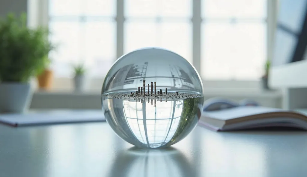 Create an image of a clear, crystal ball on a minimalist desk. The crystal ball is perfectly transparent, revealing everything inside it, including small, detailed objects that symbolize data and information. The background is clean and uncluttered, with a...