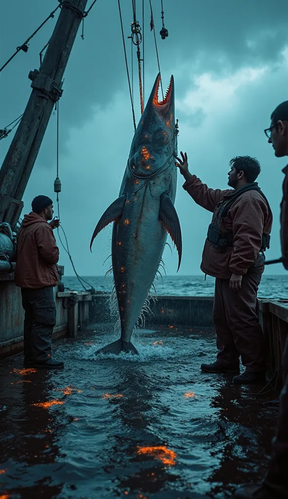 a, Cinematic scene of a colossal deep-sea lanternfish being dragged onto the deck of a fishing boat. Its bioluminescent body shines slightly even in daylight, with long, sharp teeth and an elongated bait hanging over your head, causing admiration and fear ...