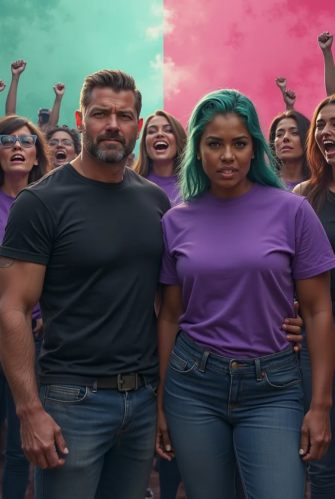 image showing on the left side a group of men wearing very manly black shirts and denim pants and on the right side a feminist protest group fat women shouting with purple shirts and painted green hair