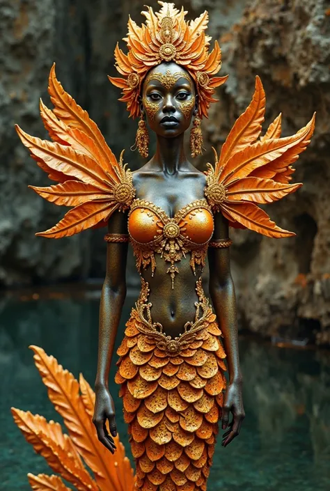 Create African mermaid sculpture. Gold and orange with makeup and lots of flip-fins like on the arm of samba school-style shoulder pads 