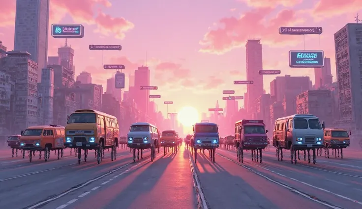 "A bustling cityscape filled with vehicles walking on legs. Cars, trucks, and buses stride gracefully through wide, open paths. The sky is a gradient of pinks and purples, with floating holographic signs advertising 'Vehicle Grooming' and 'Leg Maintenance....