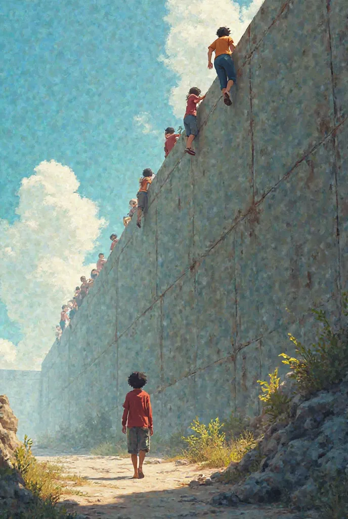 It shows people climbing the wall or going through a hole in the wall, with expressions of determination or hope but animated
