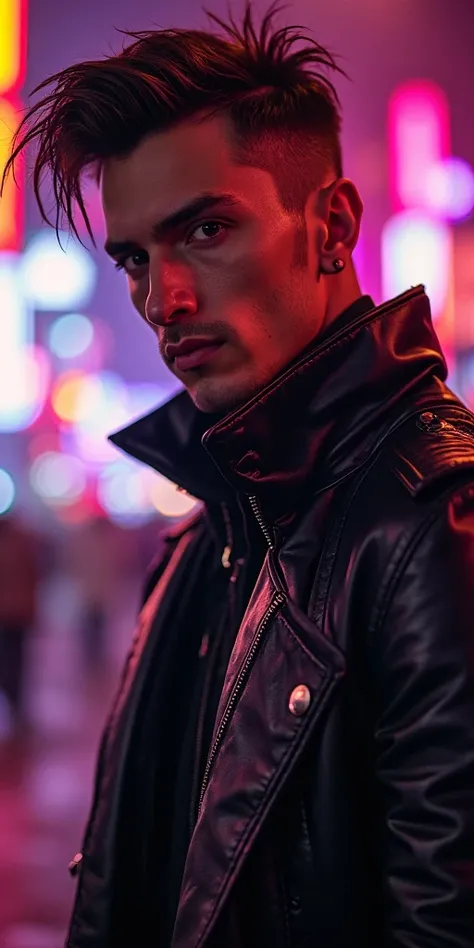 A mysterious cyberpunk man with a confident smirk, wearing a sleek black leather jacket, illuminated by neon red and purple city lights, his piercing gaze drawing people in.