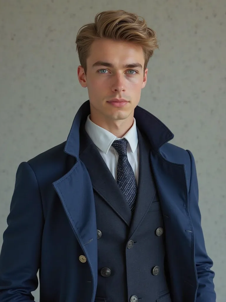 Handsome young blond American man in school uniform wearing a blue trench coat and tie
 