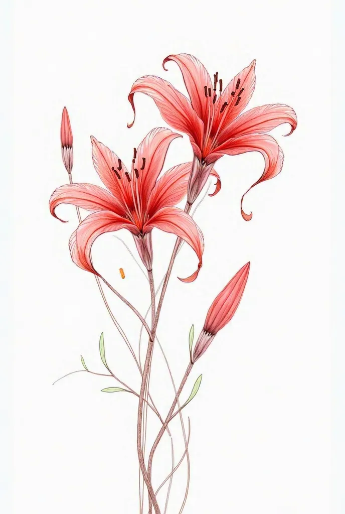 Red spider lily, fine line, white background, from different angles, no fill in or coloured in only lines for the shape