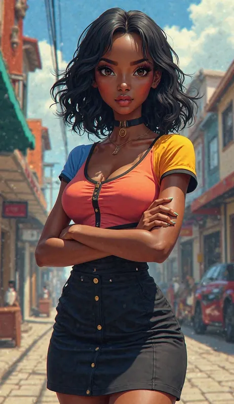 A black woman, she is wearing a colorful short t-shirt and black skirt, she has black hair and black eyes, realistic wide shot, anime style 