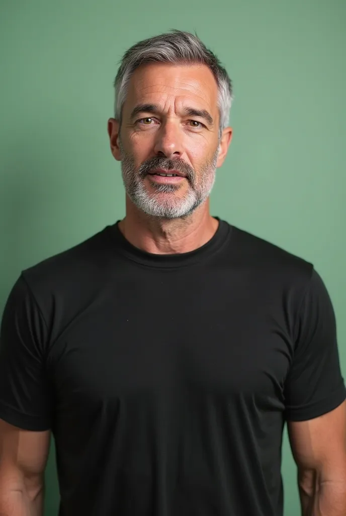 "A middle-aged man with short, neatly combed gray hair and fair skin stands confidently in the center of the frame. His face is slightly rounded, with a well-groomed, light stubble covering his chin and jawline. He has an expression of mild surprise or cur...