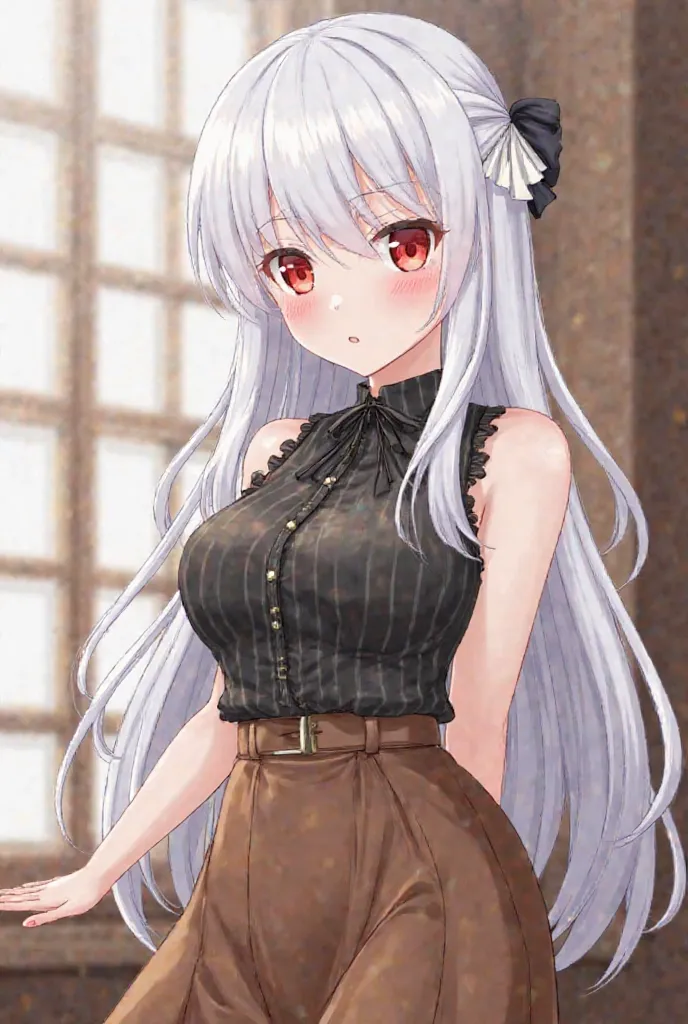  1girl, white hair, long hair, ahoge, white_ribbon, crimson red eyes, perfect breast, poker face, black neck ribbon, sleeveless shirt, black shirt, buttons, frills, high-waist_skirt, brown_skirt, sidelocks, frilled_shirt, striped, shirt tucked in, frilled ...