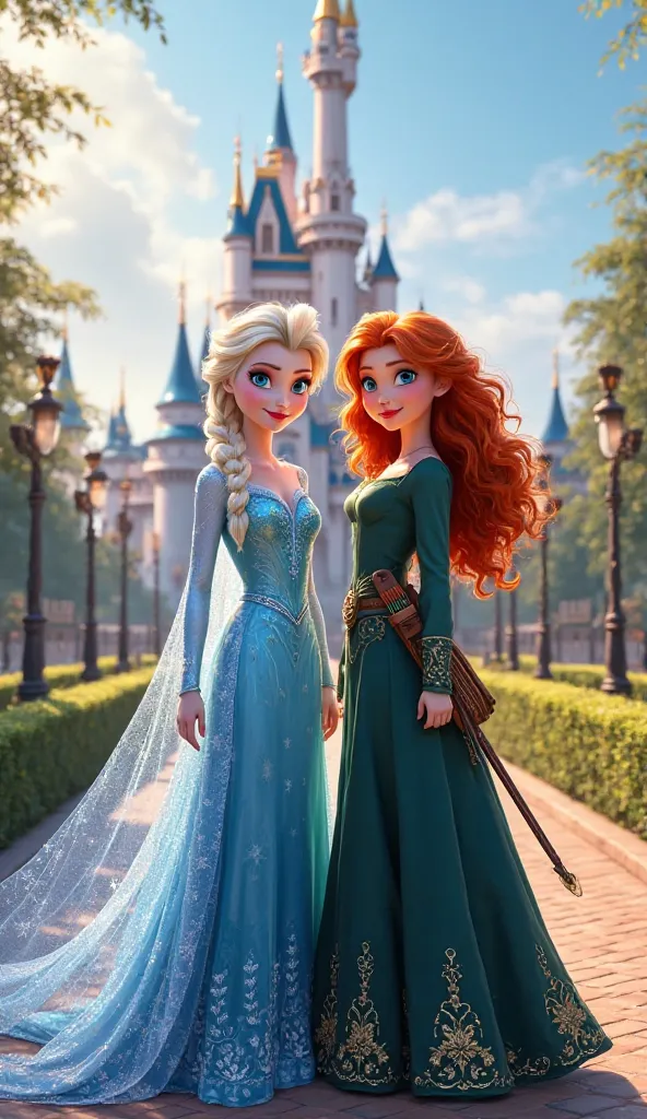 A stunning digital painting of two Disney princesses, Elsa from Frozen and Merida from Brave, standing together in front of a majestic fairytale castle. They are the only characters in the scene, radiating elegance and strength. Elsa, on the right, is wear...