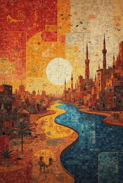 I want to create a modern, abstract wall mural representing Egypt's role in the Arab world. The design should reflect Egypt's cultural and political influence without using any Pharaonic elements. Key features to include: the Suez Canal, the emblem of the ...