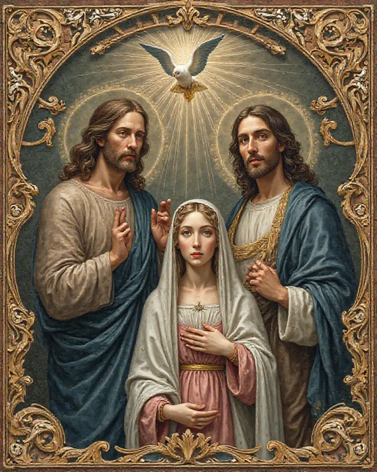 Make an image drawing old manuscript with Father Son Espiritu Santo and Maria
godly, Jesus María, representation of the Trinity, Maria Sensual, style image for an old book cover