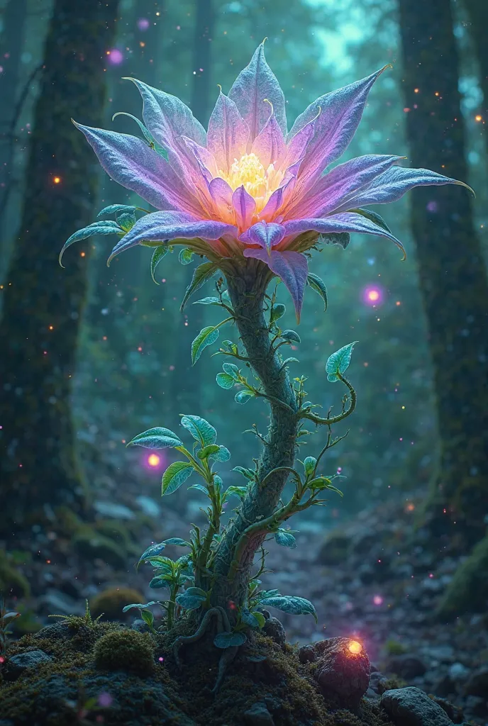 “Create a highly detailed and surreal image of a mystical, magical plant. The plant should have glowing, bioluminescent leaves in shades of emerald green, turquoise, and deep purple. Its stems are twisted and organic, resembling flowing ribbons or tendrils...