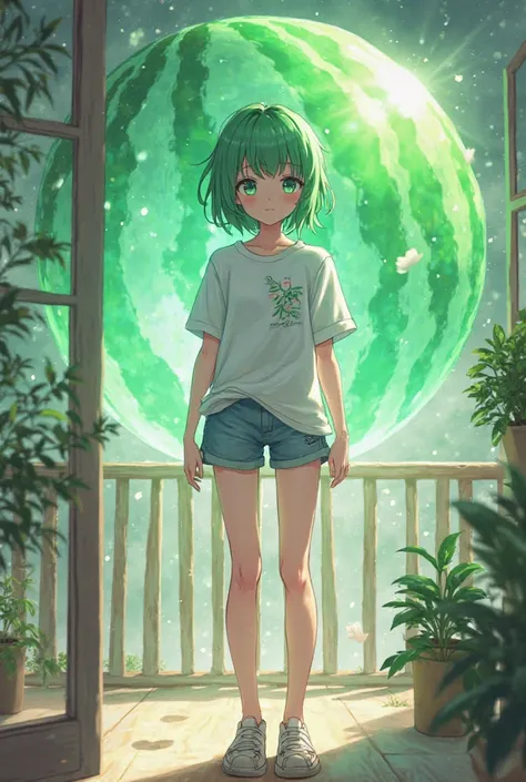  anime girl t-shirt,short green hair, light leather balcony,Magic Sandia, white bikini 