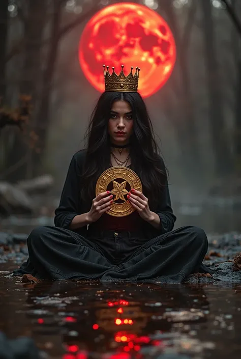 The queen of tarot pentacles black background blurred beautiful girl with black long hair with a crown on her head with a golden pentacle in her hands red moon red glare on the water mysticism in front of the demon on her knees tarot nights 3d