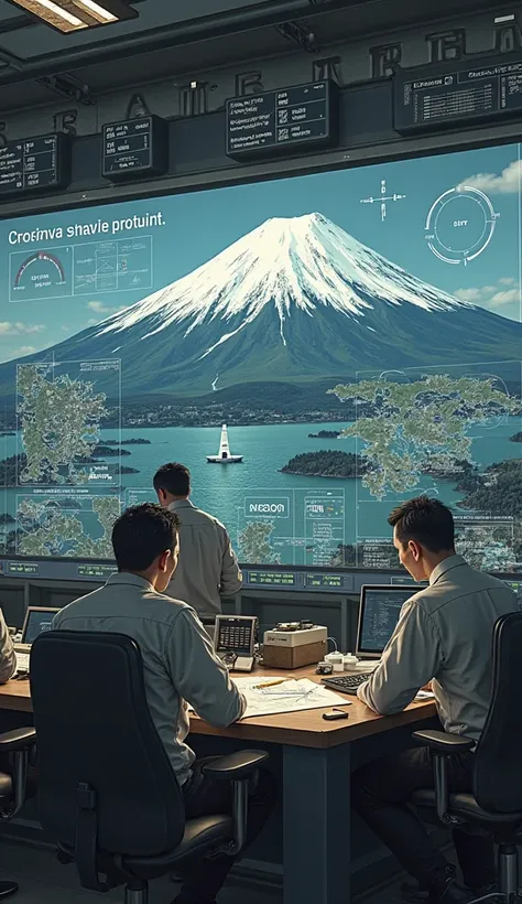 "Mathematicians and strategists at a military base, demonstrate calculations proving that it is impossible to paint Mount Fuji."