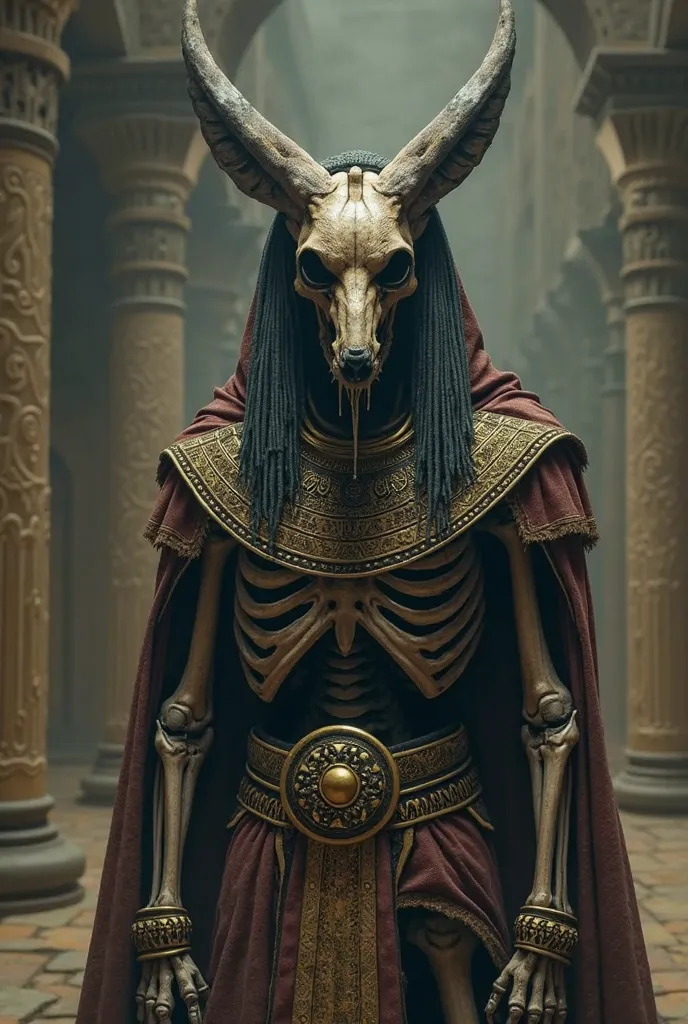 Make an image of the God Anubis, like a skeletal dog's skull with slime oozing from the eye sockets, make him portray an image of grandeur and terror, as if it were a glimpse of the end of his life, Make the bones look decrepit, full body, Ancient Egyptian...